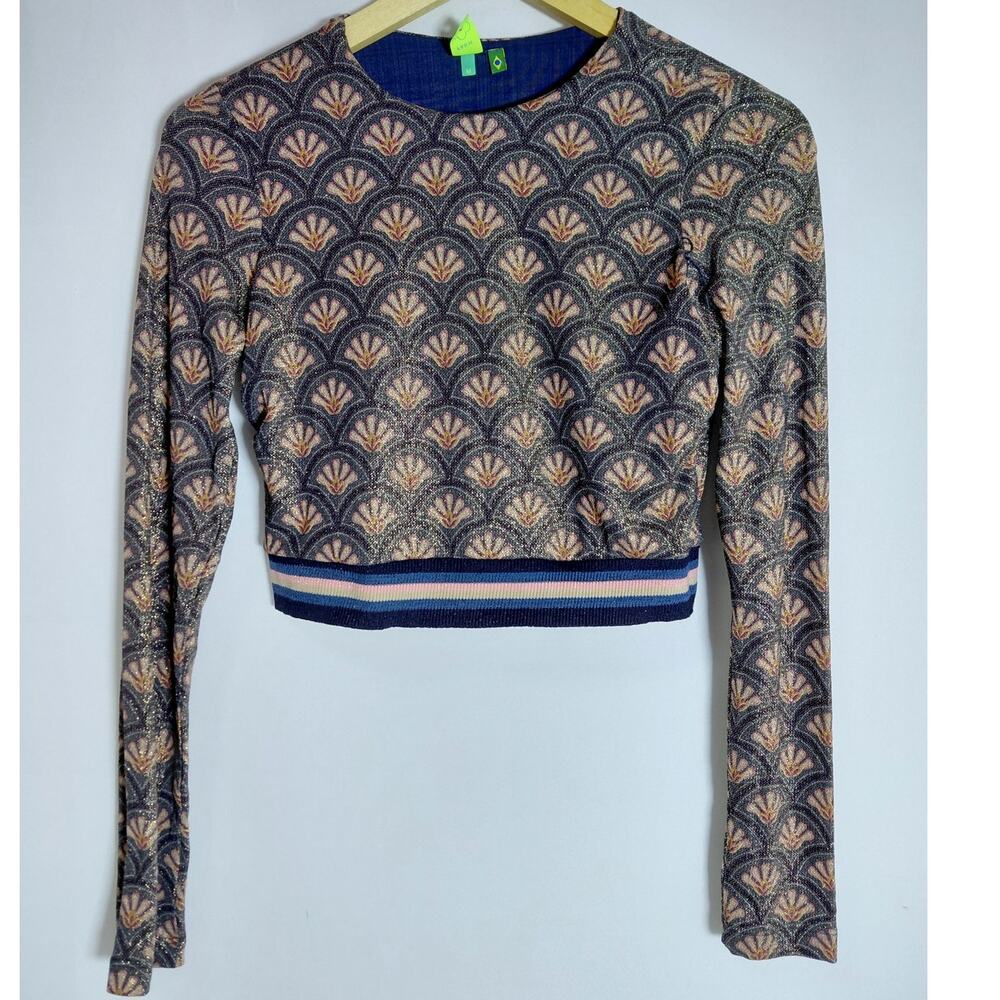 FARM Patterned Long Sleeve Crop Top Knit Crew Neck Women Size M